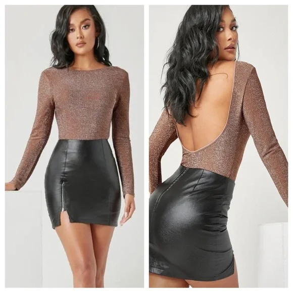 Shein METALLIC bronze STRETCH BODYSUIT open back BLOUSE SHIRT - Picture 11 of 15